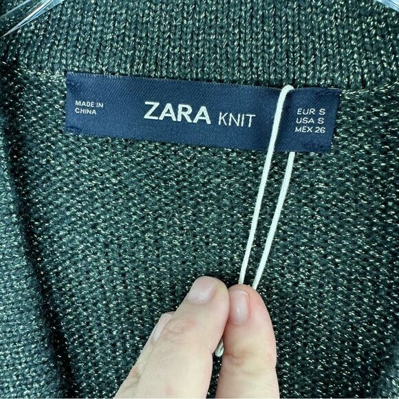 ZARA Green Metallic Knit Oversized Grandad V-Neck Button Cardigan Sz Small - Picture 5 of 12